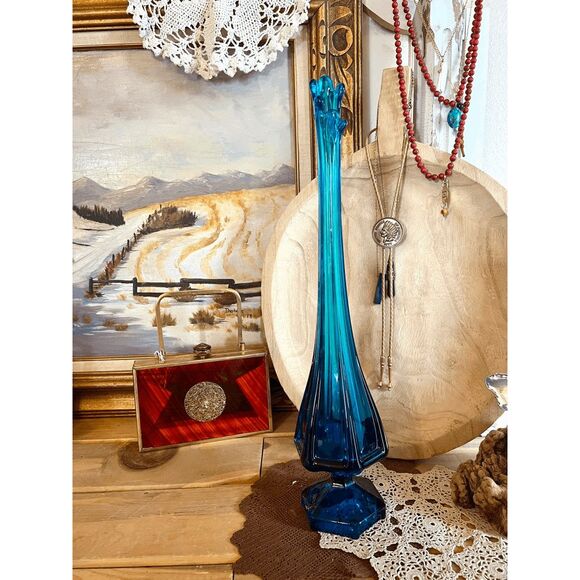 Vintage Viking Glass 19" Bluenique Epic Column Ribbed Swung Vase - Picture 3 of 6